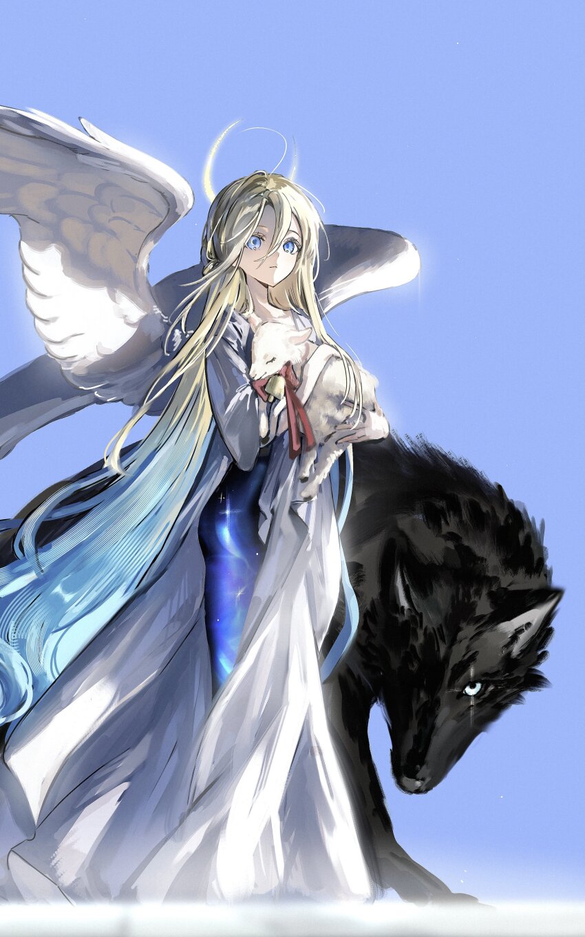 1girl absurdres angel angel_wings bell blonde_hair blue_background blue_eyes blue_hair carrying check_copyright closed_mouth commentary copyright_request day full_body gawako gradient_hair hair_between_eyes halo hashtag-only_commentary highres lamb oversized_wings long_bangs long_hair looking_at_viewer multicolored_hair original outdoors red_ribbon ribbon robe sheep solo sunlight symbol-only_commentary traditional_halo very_long_hair white_robe white_wings wings wolf