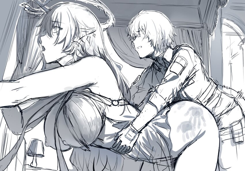 1boy 1girl absurdres bad_tag breasts breasts_out clenched_teeth clothes_pull collared_jacket commentary crown_of_thorns dress earrings english_commentary fleurdelys_(wuthering_waves) floating_earrings from_side gloves handprint hews highres jacket jewelry large_breasts male_rover_(wuthering_waves) nipples open_mouth pants pants_pull rolling_eyes rover_(wuthering_waves) sex sex_from_behind sleeves_rolled_up standing standing_sex teeth thighs torso_grab wuthering_waves