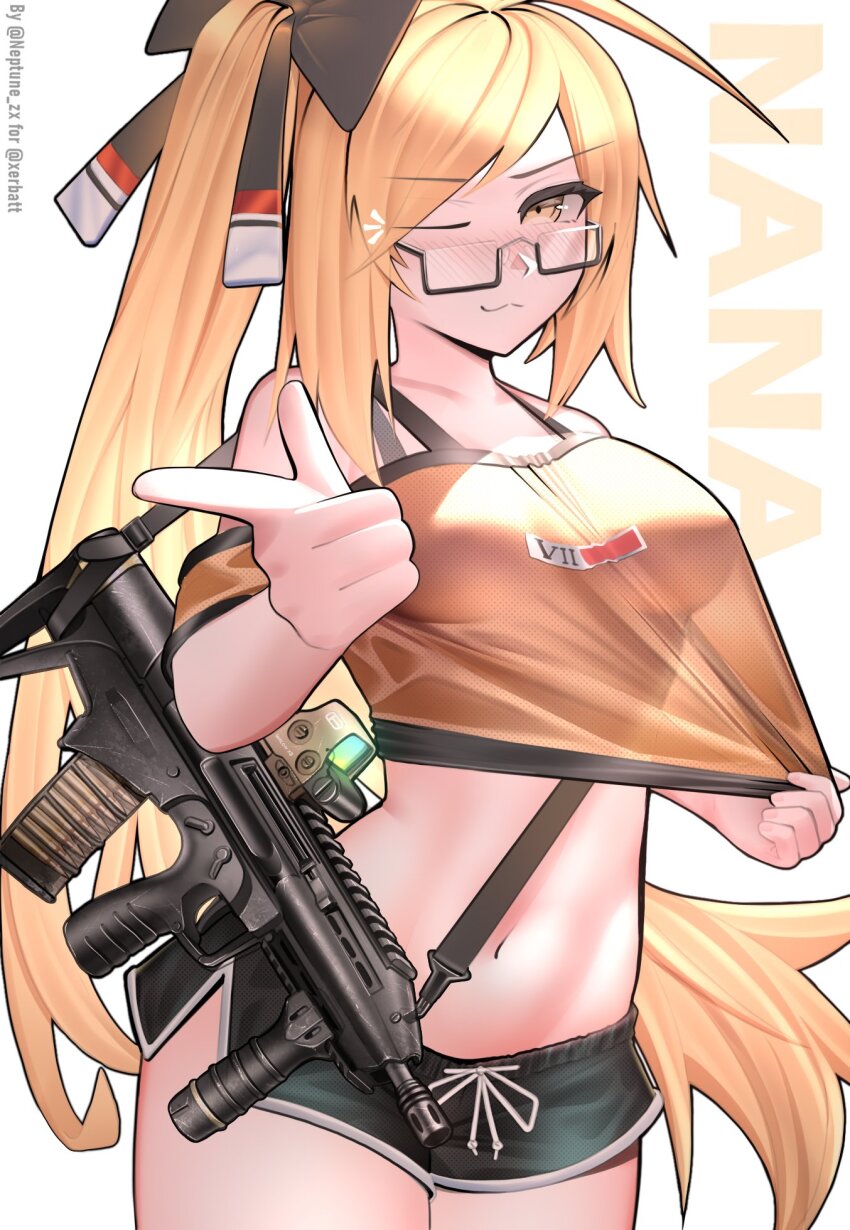 1girl 5.56x45mm_nato adjusting_clothes ammunition assault_rifle black_shorts blonde_hair blush br18 breasts bullet bullpup carbine_cartridge character_name cowboy_shot dmr_cartridge dolphin_shorts glasses gun hair_ribbon highres intermediate_cartridge lmg_cartridge medium_breasts midriff nana_(xerbatt) navel neptune_zx one_eye_closed original pointing pointing_at_viewer prototype_design ribbon rifle rifle_cartridge see-through_clothes see-through_shirt shorts side_ponytail smile solo st_kinetics_bmcr steyr_aug weapon white_background