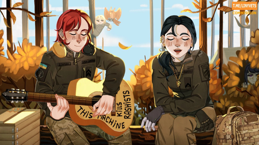 1boy 1girl acoustic_guitar autumn azov_battalion backpack bag bird black_hair blush box bush climbing climbing_tree closed_eyes commission duet earrings eva_(mariverse) gloves gold_earrings guitar hanna_(mariverse) hanna_kovalchuk headphones headphones_around_neck hiding highres holding holding_guitar holding_instrument in_tree instrument jewelry kenneth_del_duca linyvets_chan military_combat_uniform military_uniform music nature necklace open_mouth original otaman_(mariverse) owl playing_guitar playing_instrument prosthesis prosthetic_arm red_hair russo-ukrainian_war singing sitting sitting_in_tree soldier tree ukraine ukrainian_flag ukrainian_text