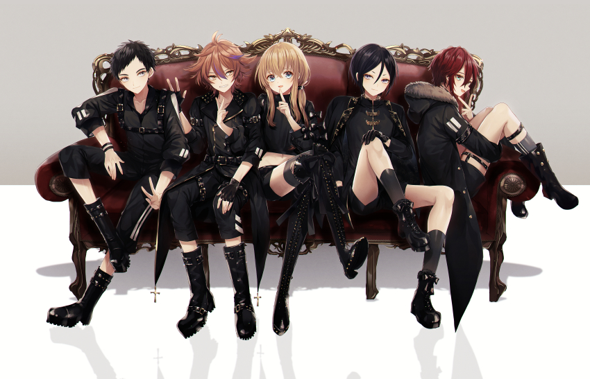10s 5boys :d abandon_ranka absurdres aqua_eyes atsushi_toushirou black_gloves black_hair black_socks blonde_hair blue_eyes boots brown_eyes brown_hair couch cross finger_to_mouth fingerless_gloves fur_trim gloves gotou_toushirou grey_eyes grin highres hood jacket knee_boots kneehighs male_focus midare_toushirou multiple_boys open_mouth pants ponytail purple_eyes red_hair shinano_toushirou shorts sitting smile socks thighhighs touken_ranbu yagen_toushirou