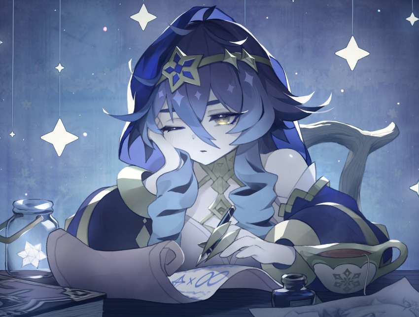 1girl blue_hair blue_hood blue_sleeves book circlet claw_ring detached_sleeves drill_hair drill_sidelocks genshin_impact gloves gold_choker hair_between_eyes highres hood hood_up jewelry juffles layla_(genshin_impact) light_blush one_eye_closed paper puffy_sleeves scroll sidelocks sleepy solo star_(symbol) tea twin_drills white_gloves yellow_eyes