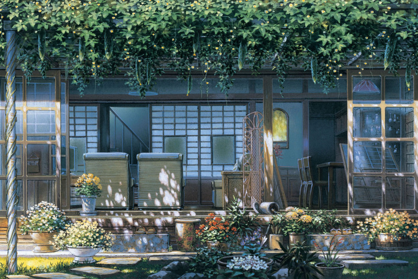 arbor architecture chair dappled_sunlight day east_asian_architecture from_outside no_humans official_art outdoors painting_(medium) pergola pillar plant potted_plant scenery shouji sliding_doors sunlight third-party_source toki_wo_kakeru_shoujo traditional_media trellis window yamamoto_nizo