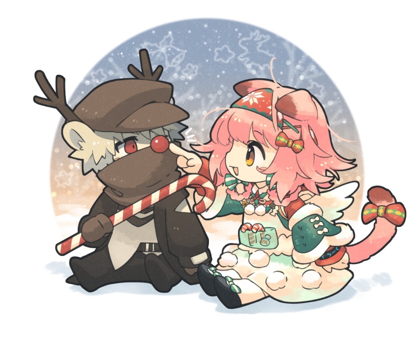 1boy 1girl animal_ears antlers arknights black_footwear black_jacket bow brown_hair brown_headwear newsboy_cap candy candy_cane cat_ears cat_girl cat_tail commentary dress food fur-trimmed_sleeves fur_trim goldenglow_(arknights) grey_hair hair_ornament hairband hairclip hat holding horns jacket long_sleeves morini_ochiteru open_clothes open_jacket pink_hair puffy_long_sleeves puffy_sleeves red_(npc)_(arknights) red_bow red_eyes red_hairband red_nose reindeer_antlers shirt shoes sitting sleeves_past_wrists socks symbol-only_commentary tail tail_bow tail_ornament white_dress white_shirt white_socks x_hair_ornament