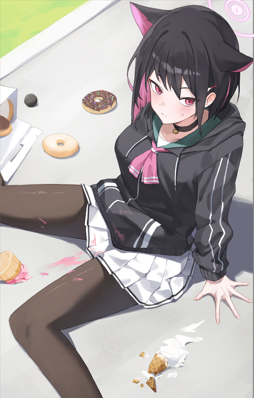 1girl absurdres animal_ears black_choker black_hair black_hoodie black_pantyhose blue_archive blush breasts cat_choker cat_ears choker closed_mouth clumsy colored_inner_animal_ears colored_inner_hair commentary cupcake dawon day donut drawstring dropped_food extra_ears feet_out_of_frame food food_on_clothes green_sailor_collar hair_ornament hairclip halo hand_on_floor highres hood hood_down hoodie ice_cream ice_cream_cone ice_cream_cone_spill kazusa_(blue_archive) long_sleeves medium_breasts miniskirt multicolored_hair neckerchief on_floor outdoors pantyhose pastry_box pink_eyes pink_hair pink_halo pink_neckerchief pleated_skirt sailor_collar short_hair sitting skirt solo two-tone_hair white_skirt
