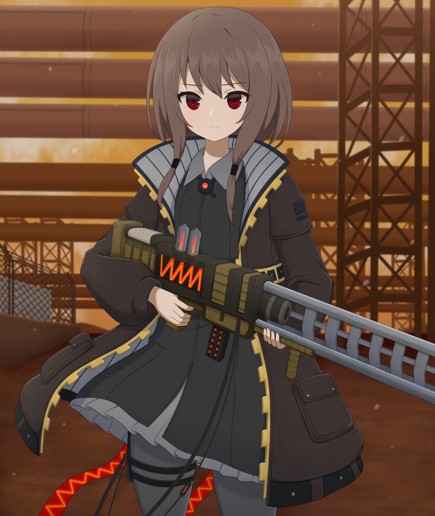 1girl absurdres brown_hair building closed_mouth commentary_request fence hair_between_eyes hair_ornament haniwa_(kiminozorazio) highres holding jacket looking_at_viewer sentinel_girls pantyhose red_eyes snezhinka_(sentinel_girls) solo trigger_discipline uniform weapon