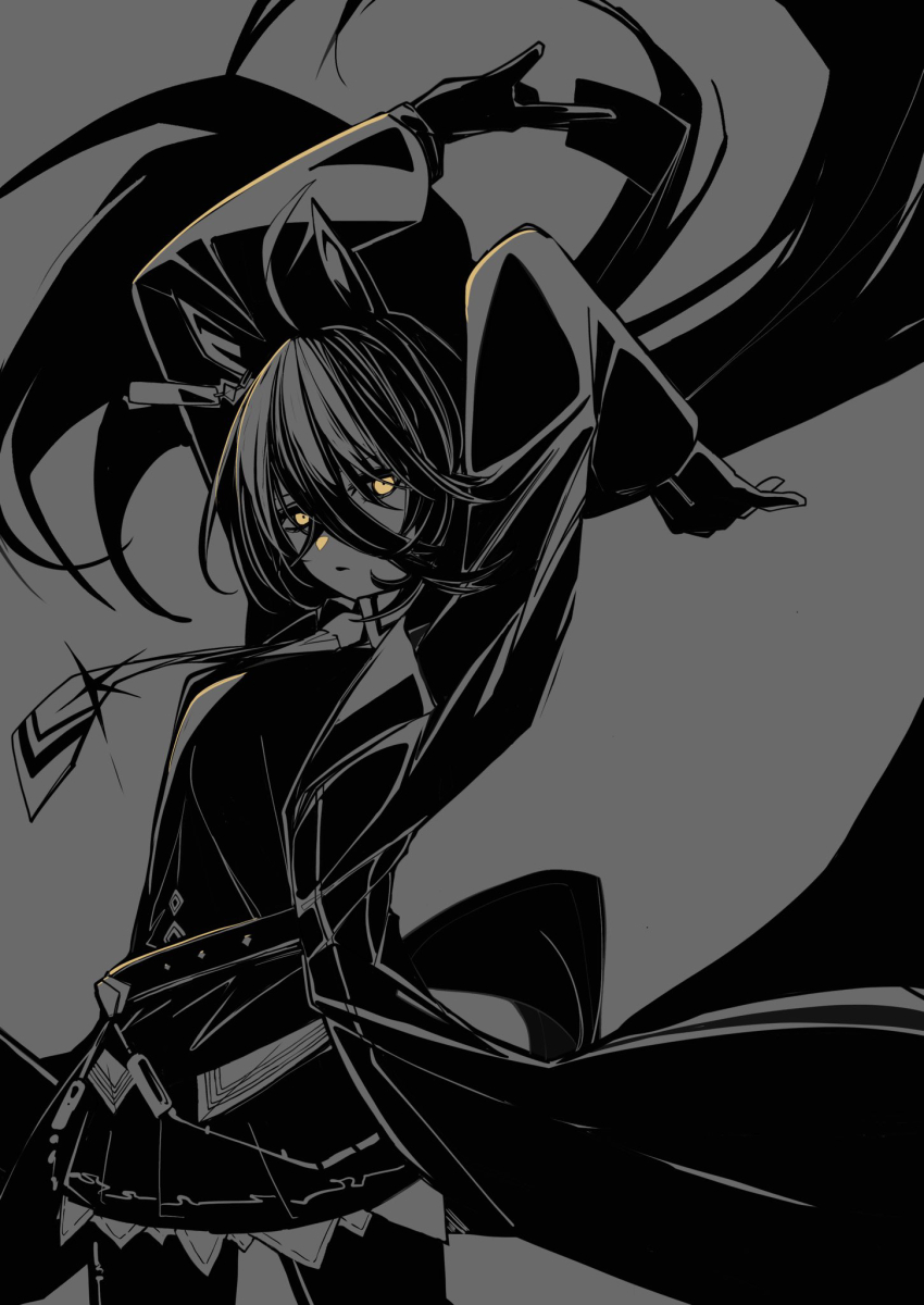 1girl animal_ears arms_up card coat collared_shirt ear_tag earrings expressionless floating_hair gloves hair_between_eyes highres holding holding_card horse_ears horse_girl horse_tail jewelry kawamochi_(tddm3573) long_bangs long_hair long_hair_between_eyes long_sleeves manhattan_cafe_(umamusume) necktie open_clothes open_coat pantyhose parted_lips partially_colored pleated_skirt ribbon shirt single_earring skirt solo tail umamusume very_long_hair yellow_ribbon