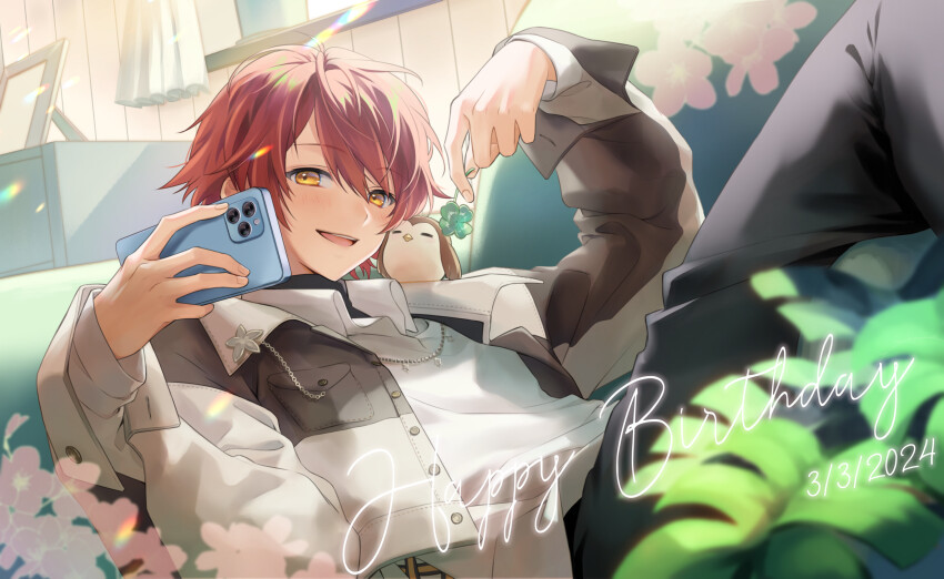 1boy animal animal_on_shoulder bird bird_on_shoulder bishounen blush cherry_blossoms clover commentary_request dated english_text four-leaf_clover hair_between_eyes hanasaki_miyabi hanasaki_miyabi_(7th_costume) happy happy_birthday highres holding holding_phone holostars indoors jewelry knees_up light_rays looking_at_viewer luma8b male_focus necklace open_mouth owl phone picture_frame plant potted_plant red_hair short_hair smile solo teeth upper_teeth_only virtual_youtuber window yellow_eyes