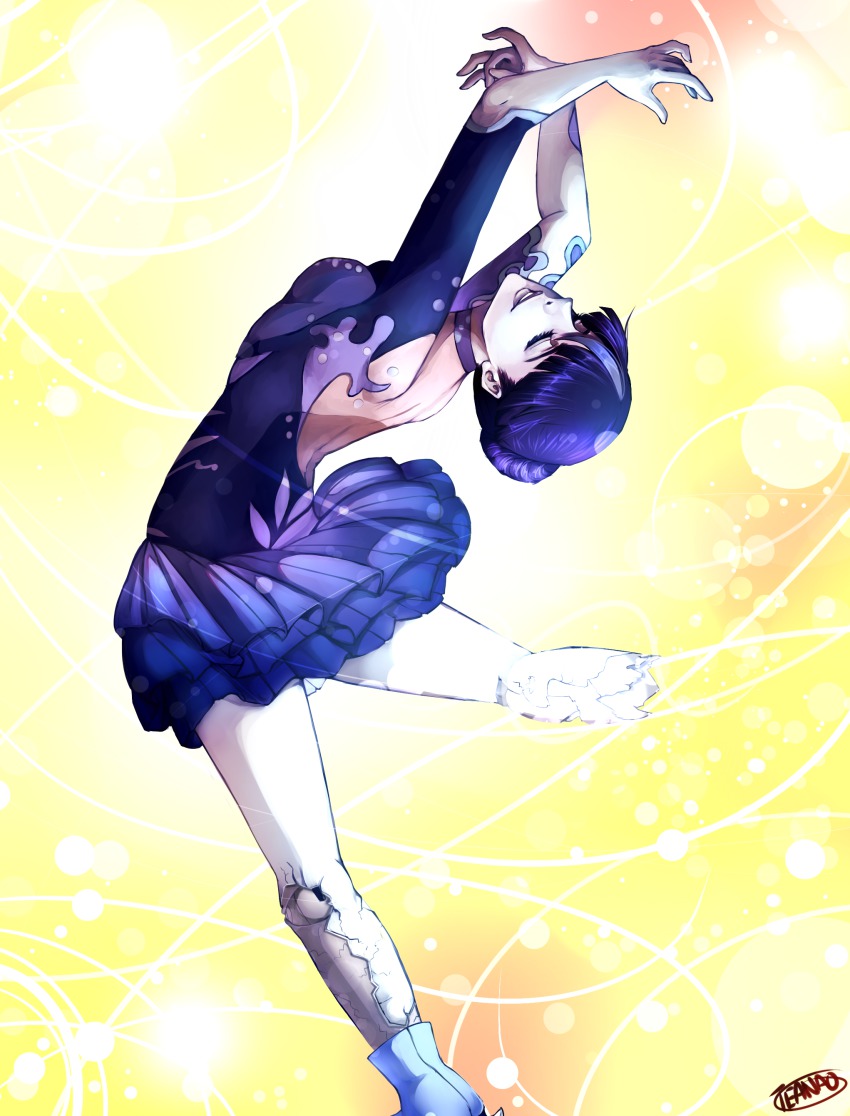 10s 1girl absurdres blue_hair choker death_parade closed_eyes female_focus highres ice_skates kurokami_no_onna skates smile solo teanao