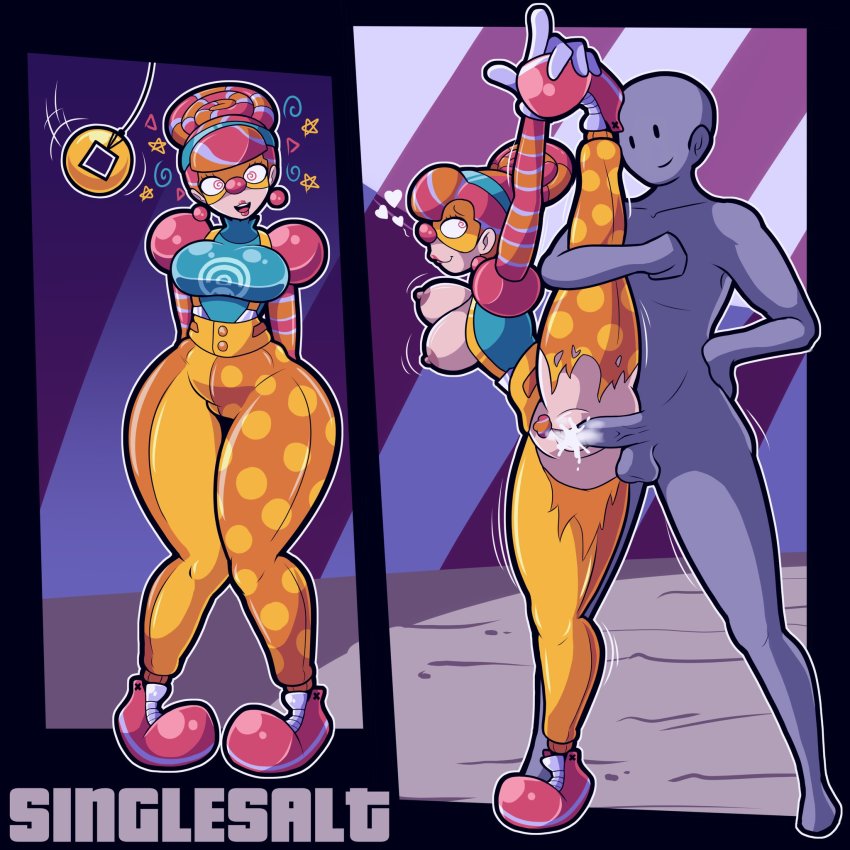 1boy 1girl arms_(game) artist_name ass blouse breasts breasts_out clothed_female_nude_male clown cum cum_in_pussy curvy earrings ejaculation gloves happy_sex hetero highres hypnosis jewelry large_breasts leg_up lola_pop mask mind_control motion_lines multicolored_hair multiple_views nintendo nipples nude open_clothes open_shirt overalls pants pubic_hair red_nose sex shiny_skin shirt singlesalt smile standing standing_on_one_leg standing_sex symbol-shaped_pupils thick_thighs thighs torn_clothes torn_pants vaginal wide_hips