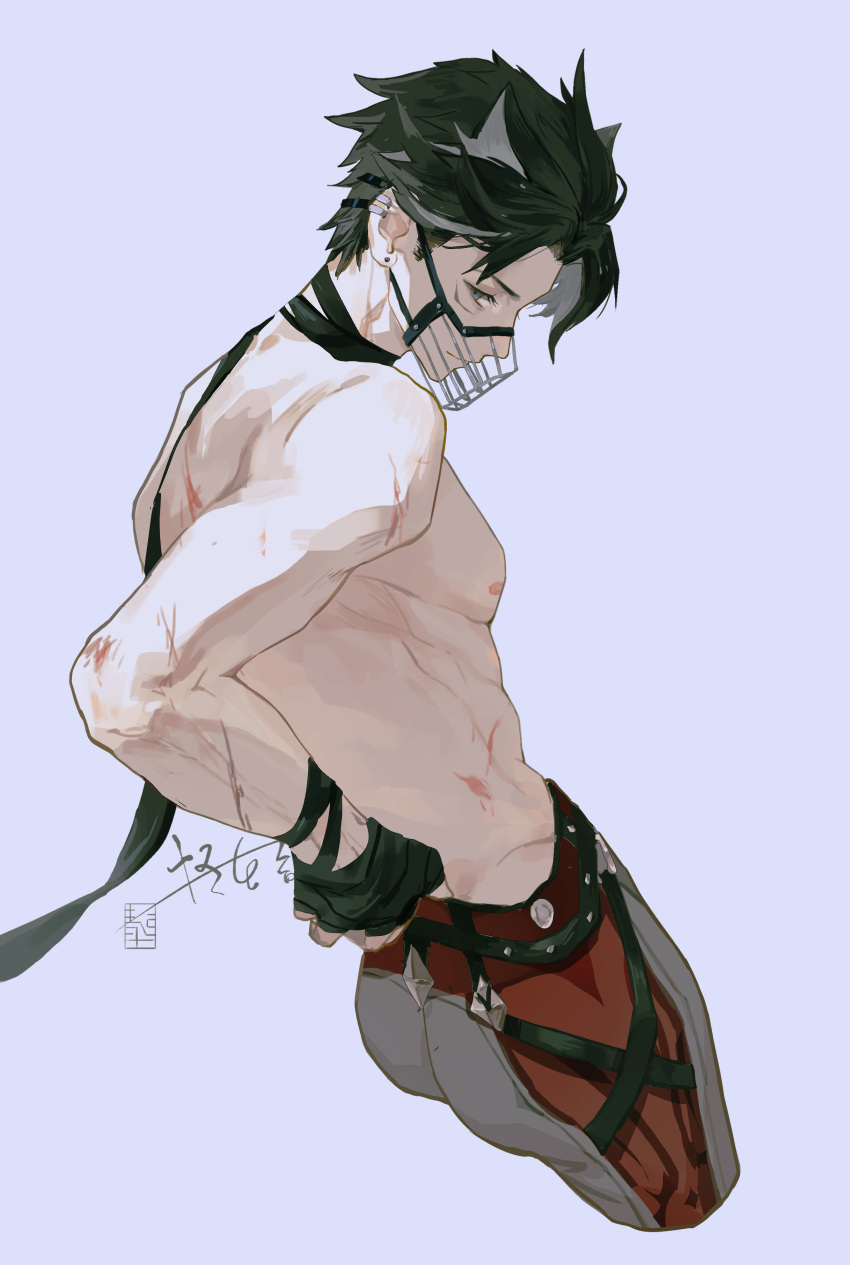 1boy absurdres animal_ears ass back black_hair bruise cropped_legs ear_piercing earrings fingerless_gloves from_side genshin_impact gloves grey_background grey_eyes guaishengyin highres injury jewelry male_focus muzzle_(mask) nipples pants piercing short_hair simple_background solo toned toned_male topless_male wolf_ears wriothesley_(genshin_impact)