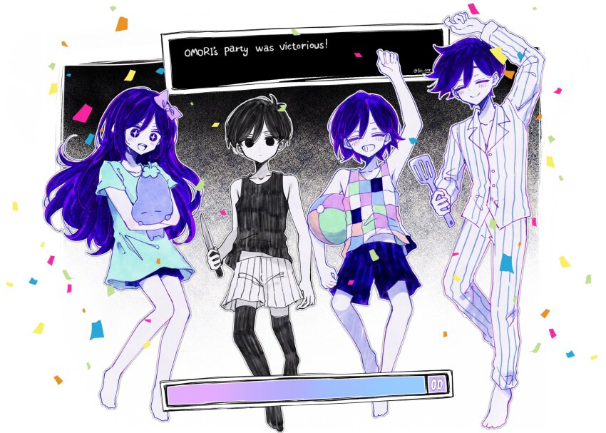 1girl 3boys antenna_hair arm_up aubrey_(headspace)_(omori) aubrey_(omori) ball barefoot black_eyes black_hair black_tank_top black_thighhighs blue_shirt blush bow closed_eyes closed_mouth colored_skin confetti english_text expressionless hair_bow hanabata0320 hero_(headspace)_(omori) hero_(omori) highres holding holding_ball holding_knife holding_spatula holding_stuffed_toy kel_(headspace)_(omori) kel_(omori) knife long_hair long_shirt long_sleeves looking_at_viewer mr._plantegg_(omori) multiple_boys omori omori_(omori) open_mouth pajamas pink_bow purple_eyes purple_hair purple_shorts shirt short_hair short_sleeves shorts smile spatula striped_clothes striped_shorts stuffed_eggplant stuffed_toy t-shirt tank_top teeth thighhighs upper_teeth_only vertical-striped_clothes vertical-striped_shorts white_shorts white_skin