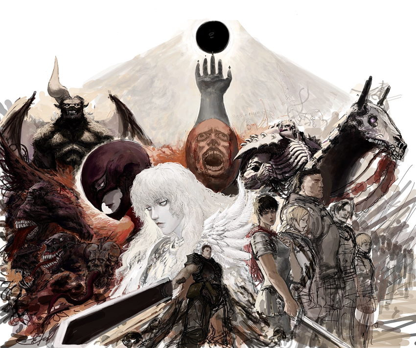 1girl 6+boys absurdres armor bat_wings behelit berserk black_hair blonde_hair blood bloody_tears blue_eyes broken_horn cape casca_(berserk) commentary commentary_request corkus_(berserk) demon demon_horns dragonslayer_(sword) eclipse femto_(berserk) greatsword griffith_(berserk) guts_(berserk) highres holding holding_reins holding_sword holding_weapon horns judeau_(berserk) long_hair looking_at_viewer looking_to_the_side multiple_boys parted_bangs pauldrons pippin_(berserk) ponytail pouch prosthesis prosthetic_arm red_cape red_eyes reins rickert_(berserk) sharp_teeth short_hair short_sleeves shoulder_armor skeleton skeleton_horse skull_knight_(berserk) sleeveless solar_eclipse sword sword_of_resonance teeth tentacles tongue tongue_out tyawantyawan356 weapon white_hair wings zodd_(berserk)