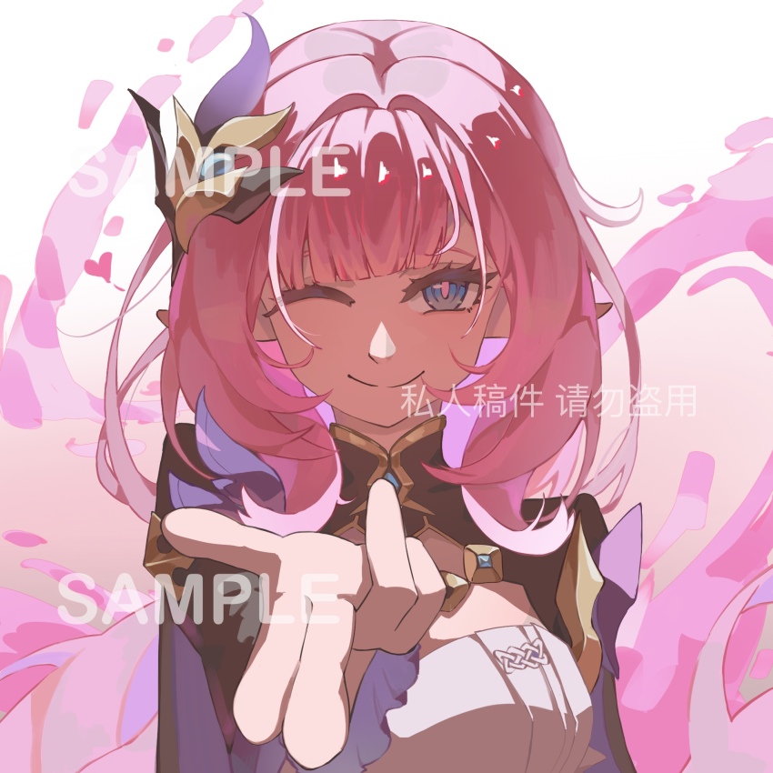 1girl ;) blue_eyes breasts commentary corset elf elysia_(honkai_impact) elysia_(miss_pink_elf)_(honkai_impact) english_commentary hair_ornament highres honkai_(series) honkai_impact_3rd large_breasts lemonacid long_hair looking_at_viewer one_eye_closed pink_hair pointy_ears sample_watermark shrug_(clothing) smile solo upper_body watermark white_corset
