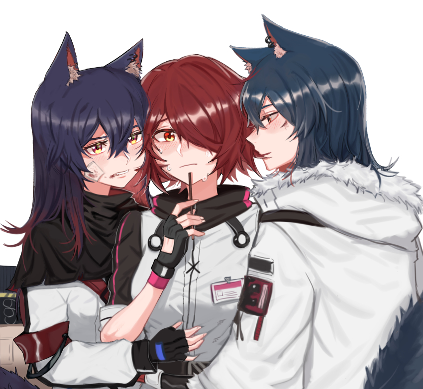 3girls animal_ear_fluff animal_ears arknights black_capelet black_gloves black_hair blush capelet clenched_teeth commentary_request dual_persona exusiai_(arknights) fingerless_gloves food fur-trimmed_jacket fur_trim gloves hair_between_eyes hair_over_one_eye hand_up highres holding holding_food hug jacket kotori_(b-i-r-d) long_hair long_sleeves looking_at_another multiple_girls official_alternate_costume pocky profile raglan_sleeves red_hair short_hair simple_background smile sweat teeth texas_(arknights) texas_(winter_messenger)_(arknights) upper_body white_background white_jacket wolf_ears yellow_eyes
