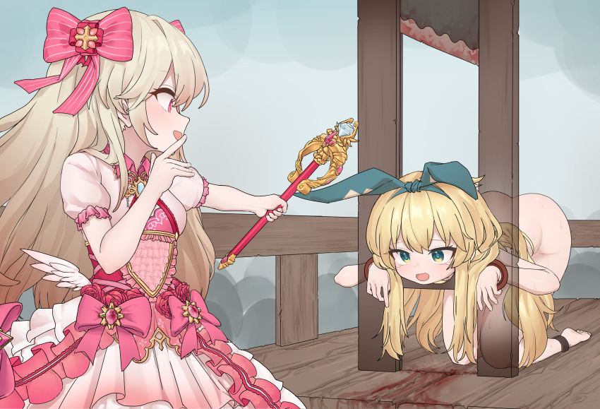 2girls absurdres alice_(grimms_notes) alice_(shinsei)_(grimms_notes) ass blonde_hair blood blood_splatter chaos_marie_(grimms_notes) cleavage_cutout clothing_cutout crowd death decapitation dress dried_blood execution frills gradient_hair grimms_notes guillotine guro hair_ribbon highres jewelry ju_ge long_hair multicolored_hair multiple_girls necklace nude open_mouth outstretched_arm puffy_sleeves restrained ribbon tears twitching wand weapon wings