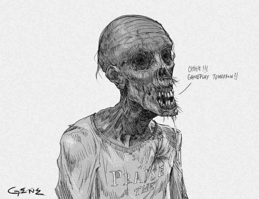 1other bald commentary corpse dark_souls_(series) dark_souls_i elden_ring english_commentary gene_(wol_enegue) grey_background greyscale hollow_(dark_souls) hollow_eyes merchandise monochrome parody praise_the_sun shirt signature simple_background