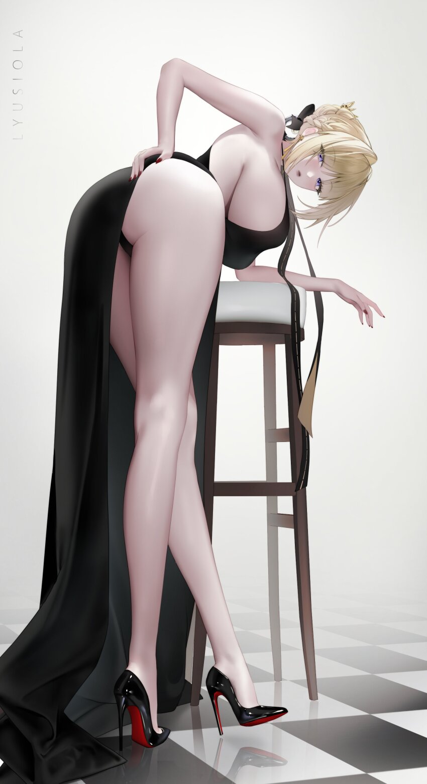1girl absurdres alternate_costume artist_name ass bent_over black_dress black_shoes blonde_hair braid braided_bun breasts christian_louboutin_(brand) dress evelyn_chevalier full_body hair_bun high_heels highres large_breasts long_dress long_legs looking_at_viewer louboutins lyusiola patent_heels pumps purple_eyes red_nails red_soles shoes short_hair sideboob simple_background sleeveless sleeveless_dress solo stiletto_heels stool tile_floor tiles zenless_zone_zero