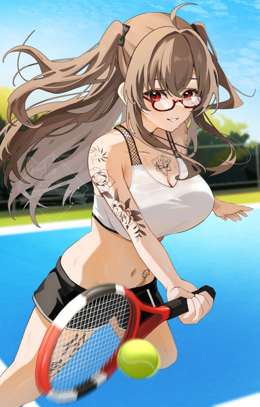 1girl ahoge azur_lane baltimore_(azur_lane) baltimore_(black_ace)_(azur_lane) bare_shoulders black_shorts breasts brown_hair earrings glasses highres jewelry large_breasts london_(azur_lane) long_hair looking_at_viewer navel official_alternate_costume red-framed_eyewear red_eyes semi-rimless_eyewear short_shorts shorts smile solo sports_bra tennis under-rim_eyewear white_sports_bra yamaha_tsui