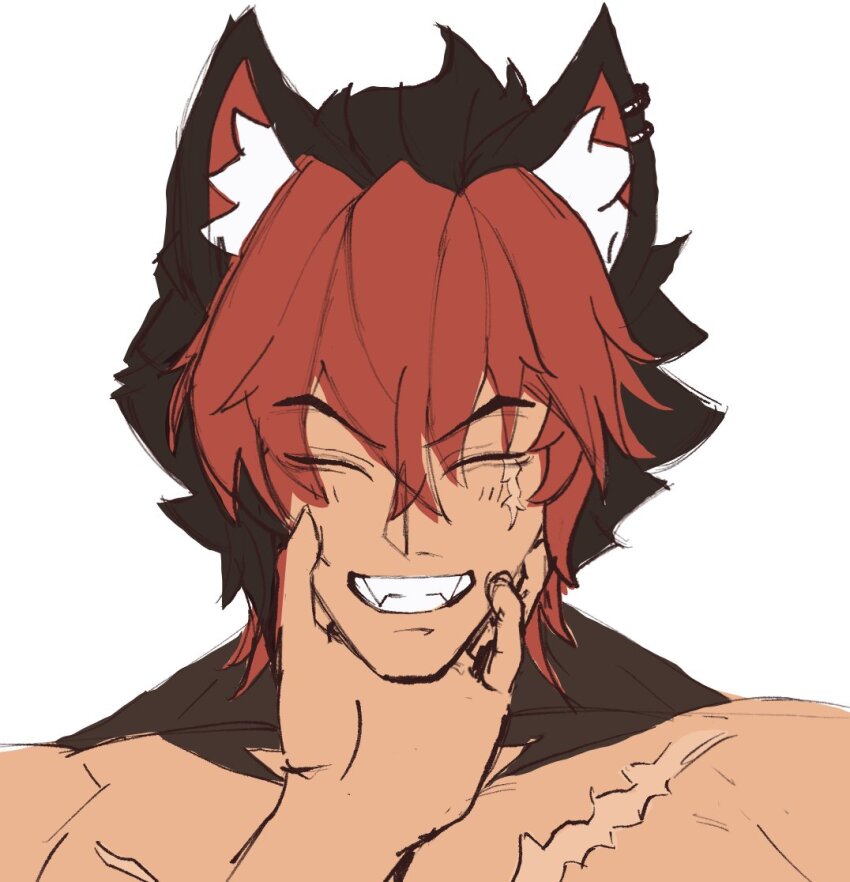 1boy animal_ears dog_boy ear_piercing fang grin komano_manato male_focus multicolored_hair muscular muscular_male piercing red_eyes scar scar_on_face scratching_chin short_hair smile white_background zenless_zone_zero