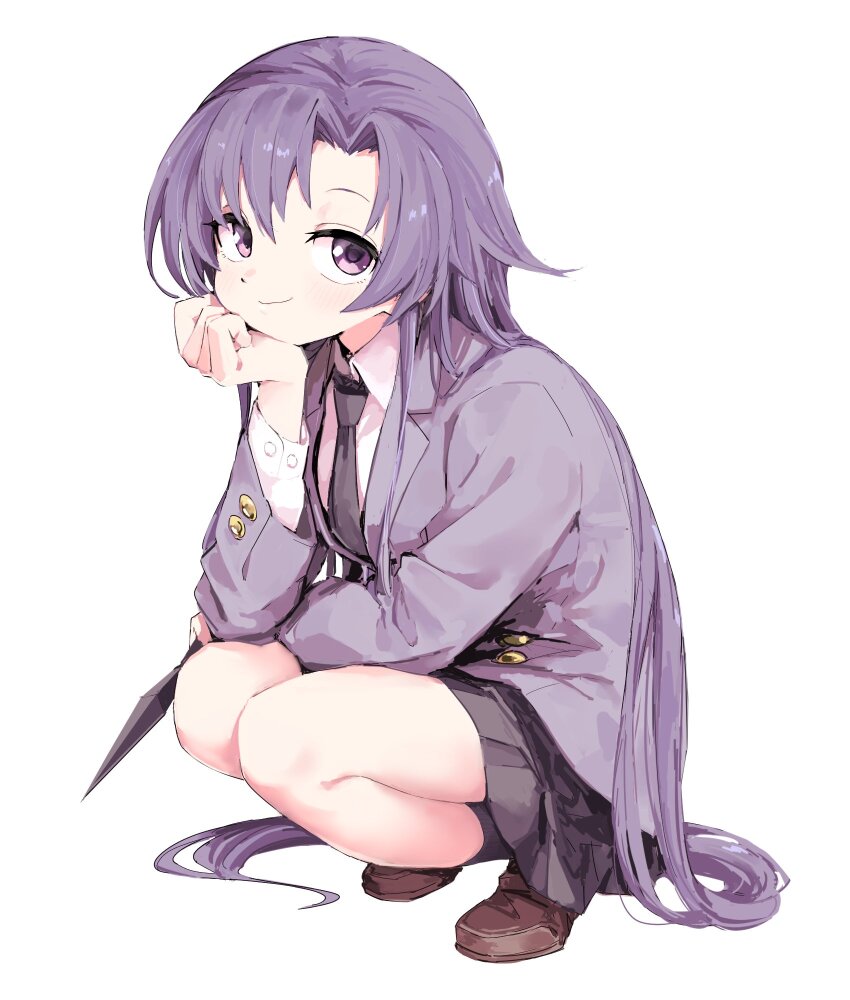 1girl black_necktie black_skirt black_socks blush brown_shoes closed_mouth collared_shirt goshiki_agiri grey_jacket highres holding holding_weapon jacket kill_me_baby kunai loafers long_hair long_sleeves looking_at_viewer necktie pleated_skirt purple_eyes purple_hair school_uniform shirt shoes simple_background skirt socks solo squatting very_long_hair weapon white_background white_shirt yachima_tana