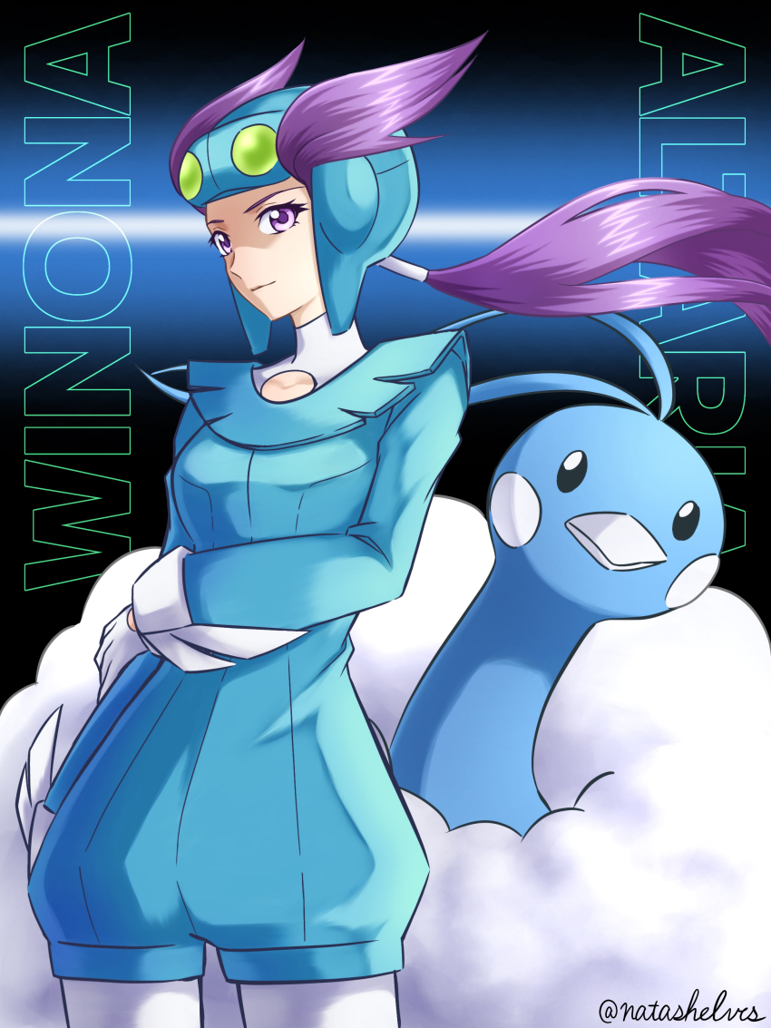 1girl absurdres altaria beak bird black_eyes gen_3_pokemon gloves hat helmet highres nintendo pilot_helmet pokemon pokemon_(creature) pokemon_oras ponytail purple_eyes purple_hair sherufu_(natashelves) standing winona_(pokemon)