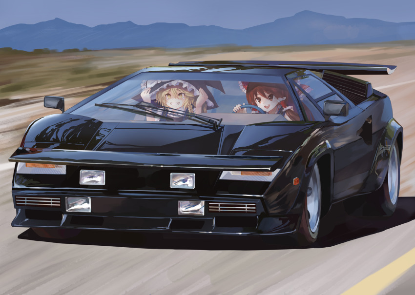 2girls ascot black_car blonde_hair blue_sky bow braid car day driving frilled_bow frilled_hair_tubes frills grin hair_bow hair_tubes hakurei_reimu hat hat_bow holding holding_unworn_clothes holding_unworn_hat kirisame_marisa lamborghini lamborghini_countach lamborghini_countach_(the_cannonball_run) motor_vehicle mountainous_horizon multiple_girls open_mouth outdoors red_bow red_eyes ribbon_trim road side_braid single_braid sky smile spoiler_(automobile) sports_car steering_wheel takepon1123 teeth the_cannonball_run touhou unworn_hat unworn_headwear upper_teeth_only vehicle_focus wheel white_bow windshield witch_hat yellow_eyes