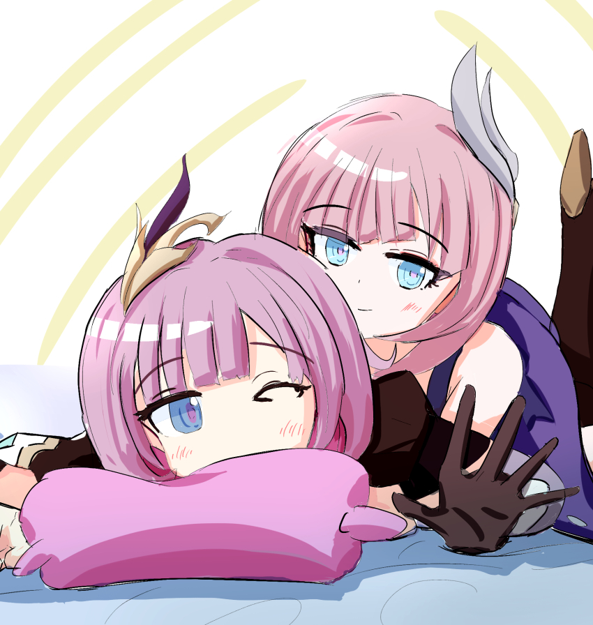 2girls black_gloves blue_eyes boots coat color_connection commentary_request company_connection cyrene_(honkai:_star_rail) elysia_(honkai_impact) elysia_(miss_pink_elf)_(honkai_impact) gloves hair_color_connection hair_ornament highres honkai:_star_rail honkai_(series) honkai_impact_3rd inoue_marina leg_up lying multiple_girls on_stomach one_eye_closed pillow pink_hair poruporu1211 purple_coat shrug_(clothing) smile voice_actor_connection yanning