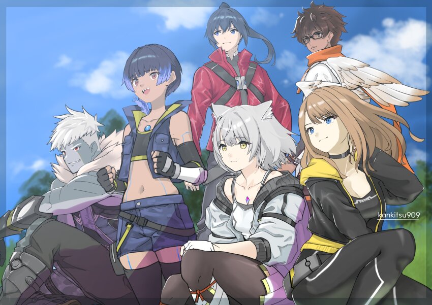 3boys 3girls absurdres animal_ear_fluff animal_ears artist_name black_bodysuit black_choker black_gloves black_jacket black_pants black_thighhighs blue_eyes blue_hair blue_sky body_markings bodysuit breasts brown_eyes brown_hair camisole cat_ears cat_girl chest_jewel choker collarbone colored_skin commentary_request cropped_jacket dark-skinned_male dark_skin denim denim_jacket denim_shorts elbow_gloves eunie_(xenoblade) fingerless_gloves fur_trim glasses gloves grey_hair grey_jacket grey_skin grin high_ponytail highres jacket karian909 lanz_(xenoblade) long_hair looking_afar midriff mio_(xenoblade) multiple_boys multiple_girls navel noah_(xenoblade) off_shoulder open_mouth orange_scarf pants pantyhose ponytail red_eyes red_jacket scarf sena_(xenoblade) short_hair shorts sitting skirt sky small_breasts smile standing swept_bangs taion_(xenoblade) teeth thighhighs upper_teeth_only white_camisole white_footwear white_gloves white_jacket white_skirt xenoblade_chronicles_(series) xenoblade_chronicles_3 yellow_eyes