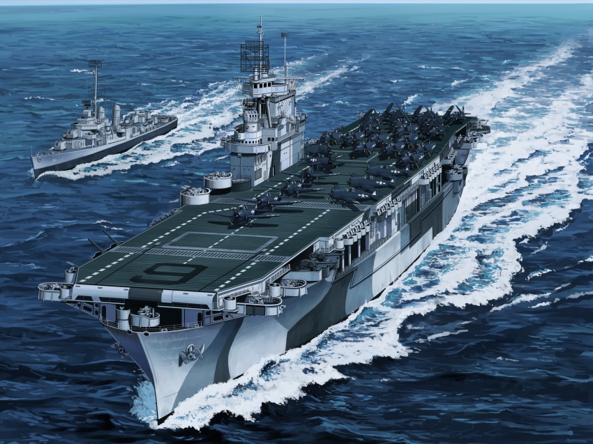 absurdres aircraft aircraft_carrier airplane anti-aircraft anti-aircraft_gun bomber curtiss_sb2c_helldiver destroyer dive_bomber grumman_f6f grumman_tbf_avenger highres mikado_(winters) military military_vehicle no_humans ocean original propeller_fighter ship torpedo_bomber uss_enterprise_(cv-6) uss_yarnall_(dd-541) vehicle_focus warship watercraft world_war_ii