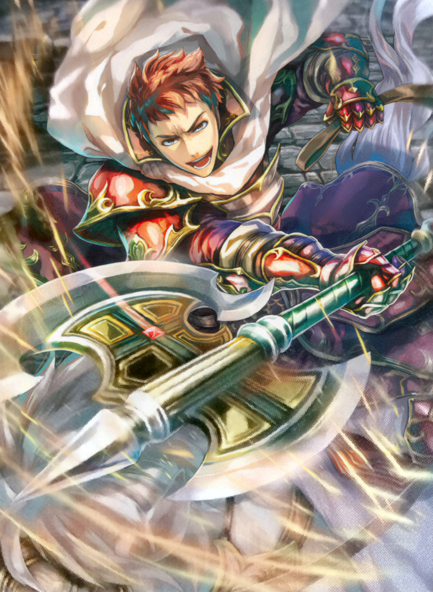 1boy armor axe battle_axe bisaiiiii cape fire_emblem fire_emblem:_path_of_radiance fire_emblem_cipher gauntlets highres holding holding_axe holding_weapon horseback_riding kieran_(fire_emblem) male_focus nintendo official_art open_mouth red_armor red_eyes red_hair riding short_hair third-party_source weapon white_cape