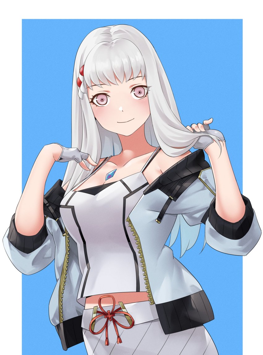 1girl absurdres alternate_costume blush border chest_jewel closed_mouth collarbone commentary commission cosplay crossover english_commentary fingerless_gloves fire_emblem fire_emblem:_three_houses gloves grey_gloves hand_in_own_hair highres holding holding_own_hair igni_tion jacket long_hair looking_at_viewer lysithea_von_ordelia mio_(xenoblade) mio_(xenoblade)_(cosplay) nintendo off_shoulder open_clothes open_jacket outside_border pink_eyes skirt smile solo tank_top tassel white_border white_hair white_skirt white_tank_top xenoblade_chronicles_(series) xenoblade_chronicles_3 zipper