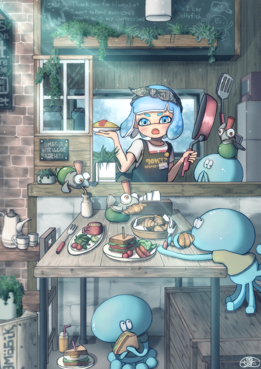 1girl absurdres apron arm_up badge basket black_apron blue_eyes blue_hair blunt_bangs blush bottle box brick_wall button_badge chalkboard cherry_tomato closed_mouth commentary_request counter croissant cup drink drinking_straw eating food food_in_mouth fork frying_pan grey_shirt hands_up hanging_light highres holding holding_food holding_fork holding_frying_pan holding_plate holding_spatula inkling inkling_girl inkling_player_character jellyfish_(splatoon) ladder lettuce light_particles light_rays looking_at_another looking_at_viewer looking_up milk milk_bottle mohawk moromi_(kscd4482) mug name_tag napkin nintendo omelet omurice open_mouth plant plate potted_plant red_eyes red_hair safety_pin salad sandwich sausage scenery shadow shelf shirt short_eyebrows short_hair short_sleeves sidelocks sign smallfry_(splatoon) spatula splatoon_(series) t-shirt table teapot tentacle_hair tomato toothpick v-shaped_eyebrows white_shirt window wooden_box wooden_table