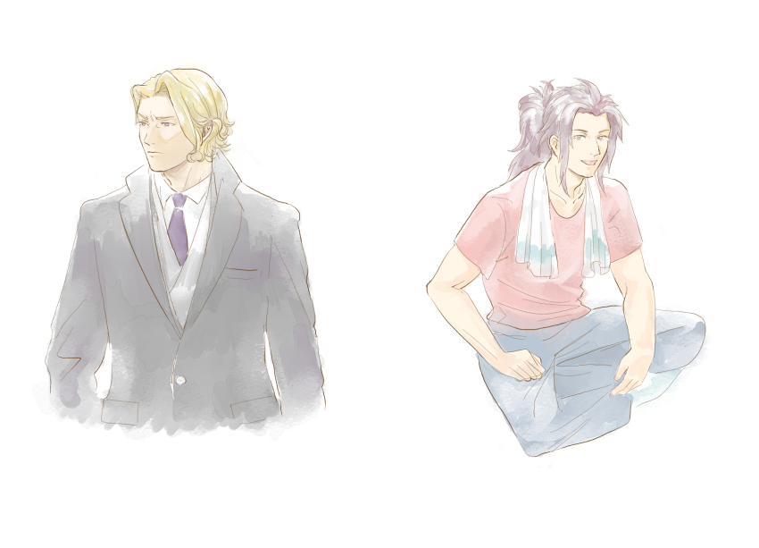 2boys alternate_costume bavaa blonde_hair brown_hair fire_emblem fire_emblem_fates highres looking_to_the_side multiple_boys necktie nintendo ponytail purple_necktie red_shirt ryoma_(fire_emblem) shirt towel towel_around_neck white_background xander_(fire_emblem)