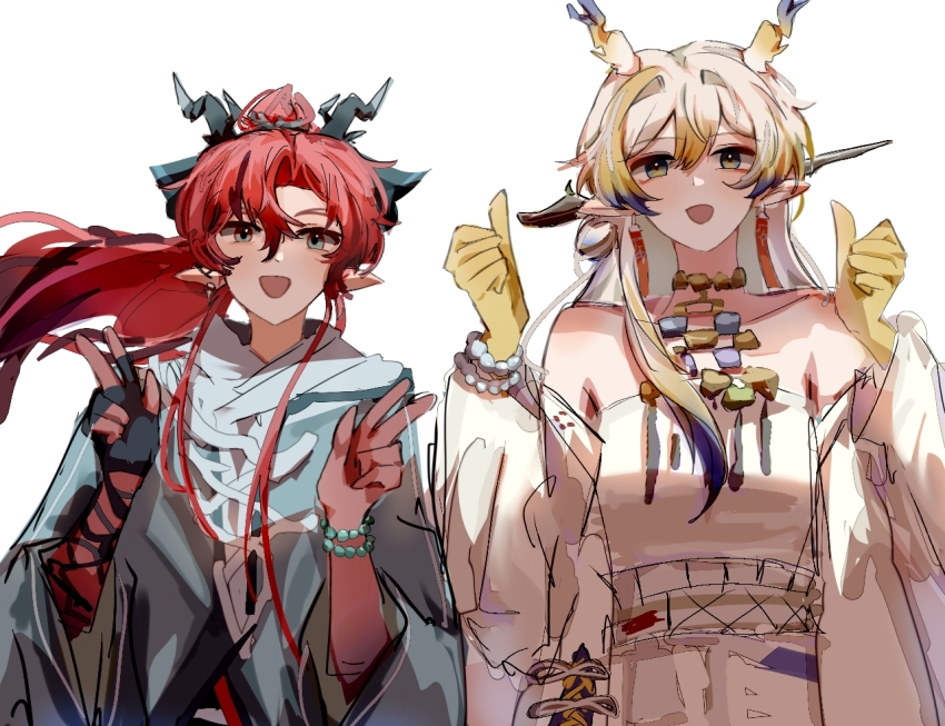 1boy 1girl arknights bai_wu_(niba997799) bare_shoulders beads black_gloves blonde_hair blue_hair brother_and_sister chinese_commentary colored_extremities commentary_request double_thumbs_up dragon_girl dragon_horns earrings fingerless_gloves gloves green_eyes grey_hair hair_between_eyes hair_intakes horns jewelry long_hair necklace off_shoulder pointy_ears red_hair shu_(arknights) siblings simple_background single_fingerless_glove sketch thumbs_up w white_background yu_(arknights)
