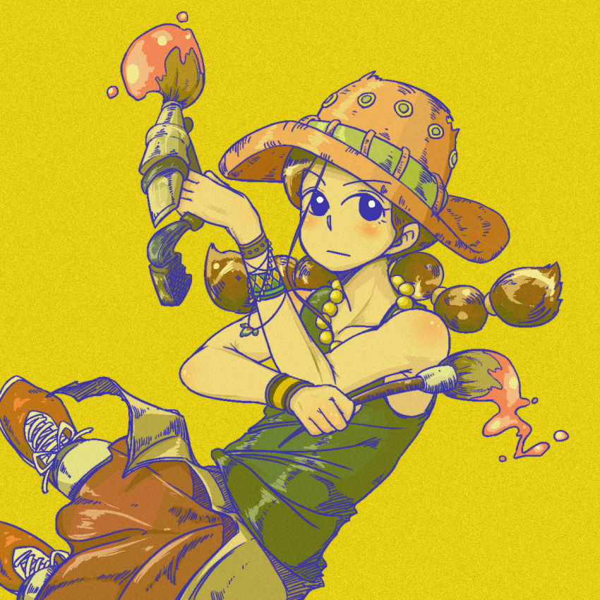 1girl :/ :i aliasing androgynous bare_arms bare_shoulders bead_necklace beads black_shirt blush bracelet braid closed_mouth clothes_around_waist collarbone cowboy_hat expressionless eyebrows_visible_through_hat female_focus green_shirt hat highres jacket jacket_around_waist jewelry leaning_back looking_at_viewer miss_goldenweek necklace no_sclera one_piece paint paint_tube paintbrush pink_hat shirt shoes sleeveless sleeveless_shirt solo tareme twin_braids yellow_background