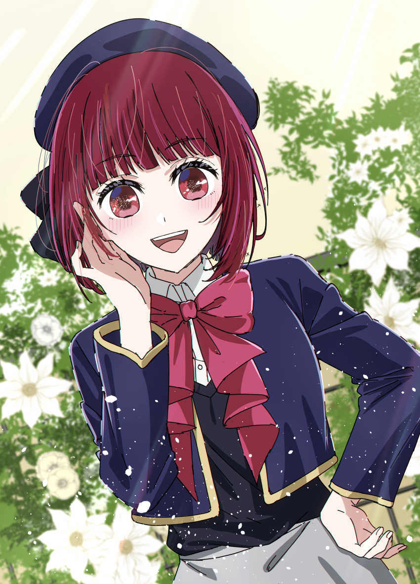 1girl absurdres anju_(artist) arima_kana beret black_sweater_vest blue_hat blue_jacket blush bow bowtie clematis_(flower) collared_shirt commentary cowboy_shot cropped_jacket flower flower_request grey_skirt hand_on_own_hip hand_up hat highres jacket long_sleeves looking_at_viewer open_clothes open_jacket open_mouth oshi_no_ko pink_bow pink_bowtie red_eyes red_hair school_uniform shirt short_hair skirt smile solo sweater_vest teeth upper_teeth_only white_shirt youtou_high_school_uniform