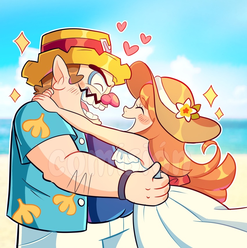 1boy 1girl beach blush breasts brown_hair closed_eyes couple dress facial_hair happy hat highres hug large_breasts long_hair looking_at_another loving_aura manysart1 mario_(series) mona_(warioware) mustache nintendo ocean open_mouth orange_hair outdoors short_hair sideboob sky smile sparkle sparkling_aura wario warioware warioware:_move_it! water watermark