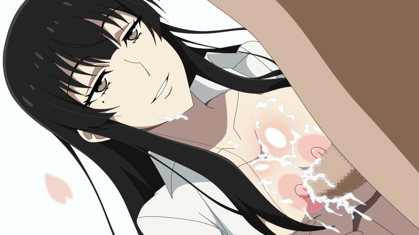 10s 1girl atelier_gons black_eyes black_hair breasts_squeezed_together breasts censored cum cum_on_body cum_on_breasts cum_on_upper_body facial highres kujou_sakurako_(sakurako) large_breasts long_hair looking_at_another mole mosaic_censoring nipples no_bra open_clothes paizuri penis petals sakurako-san_no_ashimoto_ni_wa_shitai_ga_umatteiru simple_background smile