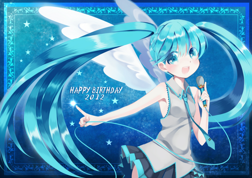 1girl :d aqua_eyes aqua_hair bare_shoulders black_thighhighs blush female_focus hatsune_miku headset holding long_hair microphone necktie neko_(natsuiroclassic) open_mouth skirt smile solo star_(symbol) thighhighs twintails very_long_hair vocaloid