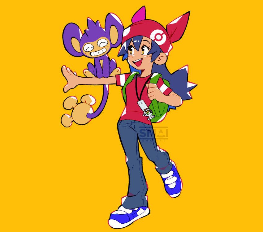 1girl :d ^_^ aipom bandana black_hair breasts closed_eyes commentary creature denim english_commentary eyelashes facing_viewer game_freak gen_2_pokemon hair_between_eyes highres jeans lisa_(pokemon) long_hair looking_at_another nintendo open_mouth pants pokegear pokemon pokemon_(anime) pokemon_(classic_anime) pokemon_(creature) pokemon_3:_the_movie_-_spell_of_the_unown:_entei pokemon_on_arm red_bandana sami_briggs short_sleeves simple_background small_breasts smile standing standing_on_one_leg yellow_background yellow_eyes