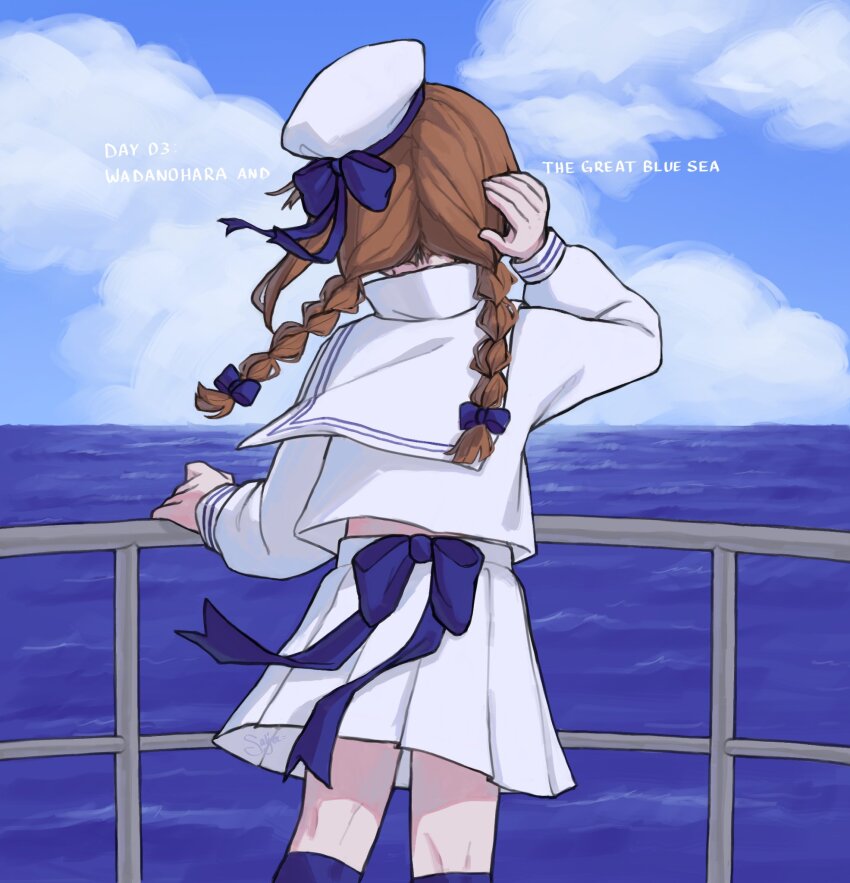 1girl back_bow blue_bow blue_thighhighs bow braid brown_hair cloud copyright_name english_text from_behind funamusea hair_bow hand_on_own_head hat highres long_hair ocean oounabara_to_wadanohara sailor_collar sailor_hat saljerjelly school_uniform serafuku ship skirt sky solo thighhighs twin_braids wadanohara water watercraft white_hat white_sailor_collar white_serafuku white_skirt