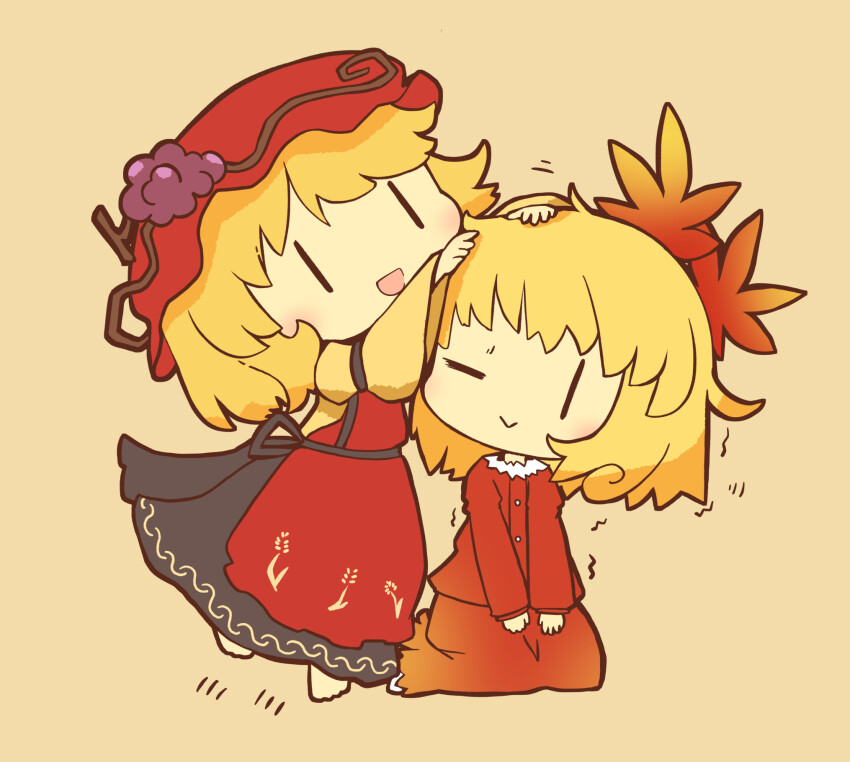 2girls aki_minoriko aki_shizuha akihiyo apron art_study barefoot black_skirt blonde_hair grape_hat_ornament hat highres multiple_girls red_apron red_hat red_shirt shirt short_hair skirt smile touhou wide_sleeves yellow_background yellow_shirt