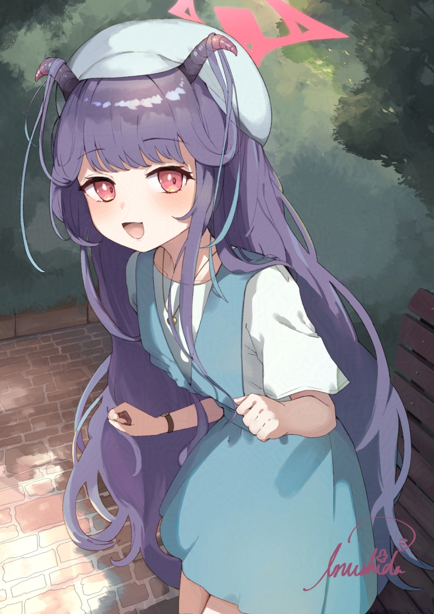 1girl blue_archive blue_dress blue_skirt blue_vest blush clenched_hands demon_girl demon_horns dress fuuka_(blue_archive) fuuka_(casual)_(blue_archive) gold_necklace hat highres horns inushida_(dogsheepsheep) jewelry long_hair looking_at_viewer necklace open_mouth purple_hair red_eyes shirt sidelocks skirt vest white_hat white_shirt
