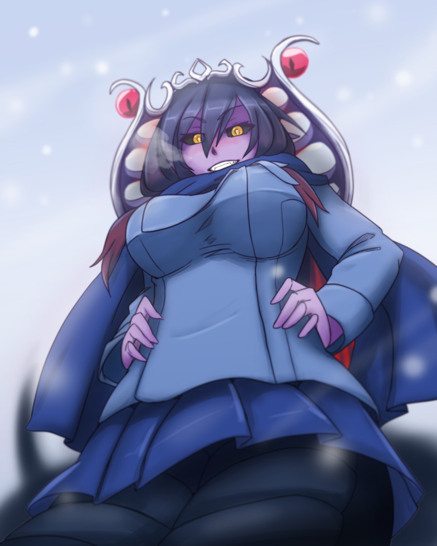 &gt;:) 1girl absurdres apophis_(monster_girl_encyclopedia) artist_request black_hair black_sclera breasts breath cold colored_sclera colored_skin eyes_visible_through_hair fangs female_focus from_below gradient_background grin hair_between_eyes hands_on_own_hips highres lamia large_breasts less looking_at_viewer looking_down monster_girl monster_girl_encyclopedia monster_girl_encyclopedia_ii pleated_skirt purple_eyes purple_skin purple_skirt scarf skirt smile snow solo v-shaped_eyebrows winter_clothes