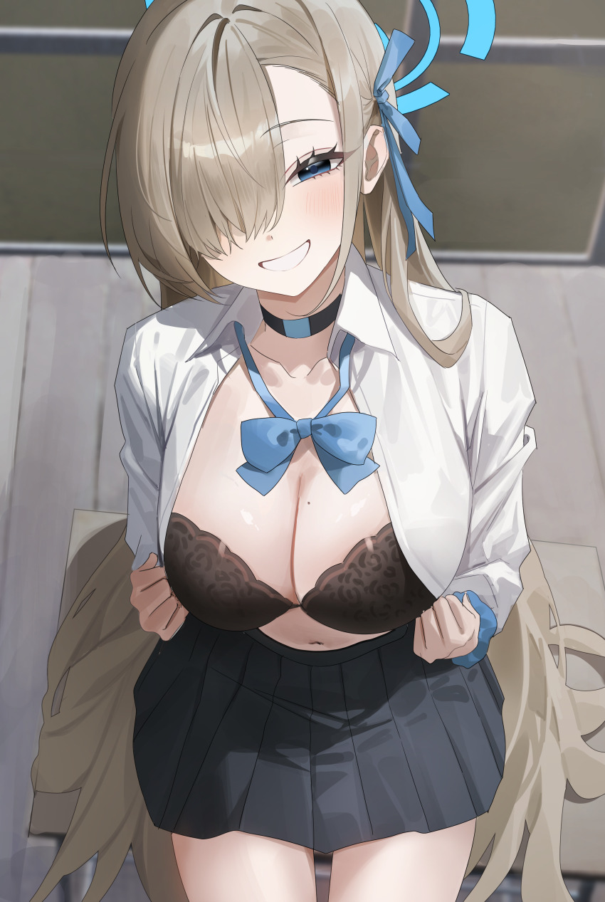 1girl absurdres asuna_(blue_archive) black_bra black_choker black_skirt blue_archive blue_bow blue_bowtie blue_eyes blue_halo blue_scrunchie blush bow bowtie bra breasts choker cleavage collarbone commentary_request desk hair_over_one_eye halo highres large_breasts light_brown_hair long_hair looking_at_viewer mole mole_on_breast navel on_desk open_clothes open_shirt pibag pleated_skirt scrunchie shirt sitting skirt smile solo underwear very_long_hair white_shirt wrist_scrunchie