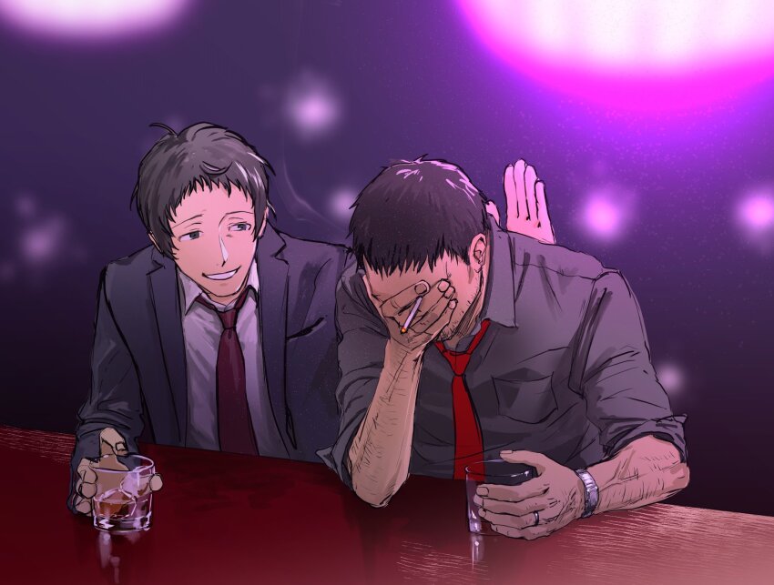 2boys adachi_tooru arm_hair black_eyes black_hair black_jacket blurry bokeh cigarette covering_face cup depth_of_field doujima_ryoutarou elbow_on_table grey_shirt hand_on_own_face highres holding holding_cigarette holding_cup jacket jewelry looking_at_another morrisuit multiple_boys necktie patting_back persona persona_4 red_necktie ring shirt short_hair sleeves_rolled_up smile watch white_shirt wristwatch