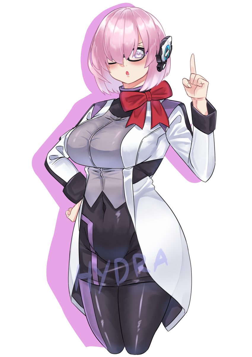 1girl :o absurdres android black_bow bob_cut bow breasts cosplay cowboy_shot crossover fate/grand_order fate_(series) glasses hair_over_one_eye hand_up highres humagear_headphones hydra_(kuzuryuu9) index_finger_raised is_(kamen_rider_01) is_(kamen_rider_01)_(cosplay) kamen_rider kamen_rider_01_(series) large_breasts long_bangs looking_at_viewer mash_kyrielight nail_polish open_mouth pantyhose pink_eyes pink_hair robot_ears signature simple_background skirt solo white_background