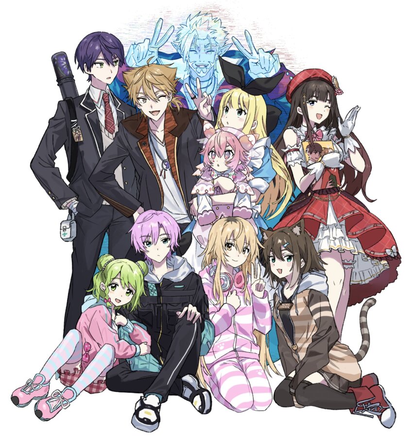 child fumino_tamaki fushimi_gaku gilzaren_iii green_eyes green_hair highres hologram ienaga_mugi kenmochi_touya mononobe_alice morinaka_kazaki necktie nijisanji purple_hair school_uniform suzuka_utako ushimi_ichigo virtual_youtuber white_background yuuhi_riri