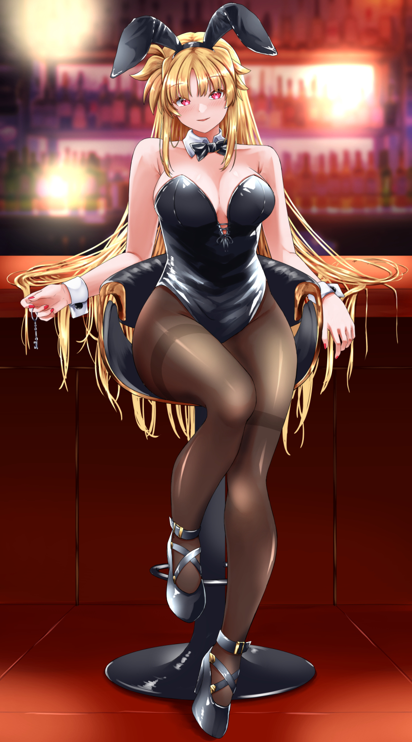 1girl alternate_costume animal_ears bar_(place) bar_chair bar_stool bare_shoulders black_bow black_bowtie black_leotard black_pantyhose black_shoes blonde_hair blush bow bowtie breasts cleavage commentary_request counter detached_collar elbow_rest fake_animal_ears fate_testarossa full_body high_heels highleg highleg_leotard highres holding holding_key indoors key large_breasts leotard long_hair looking_at_viewer lyrical_nanoha mahou_shoujo_lyrical_nanoha nail_polish pantyhose parted_lips playboy_bunny rabbit_ears red_eyes red_nails shoes sitting solo sougetsu_izuki stool strapless strapless_leotard traditional_bowtie very_long_hair white_wrist_cuffs wrist_cuffs